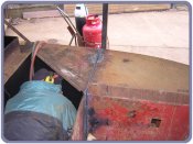 Inside pontoon to fix bottom blow hole: deck cut